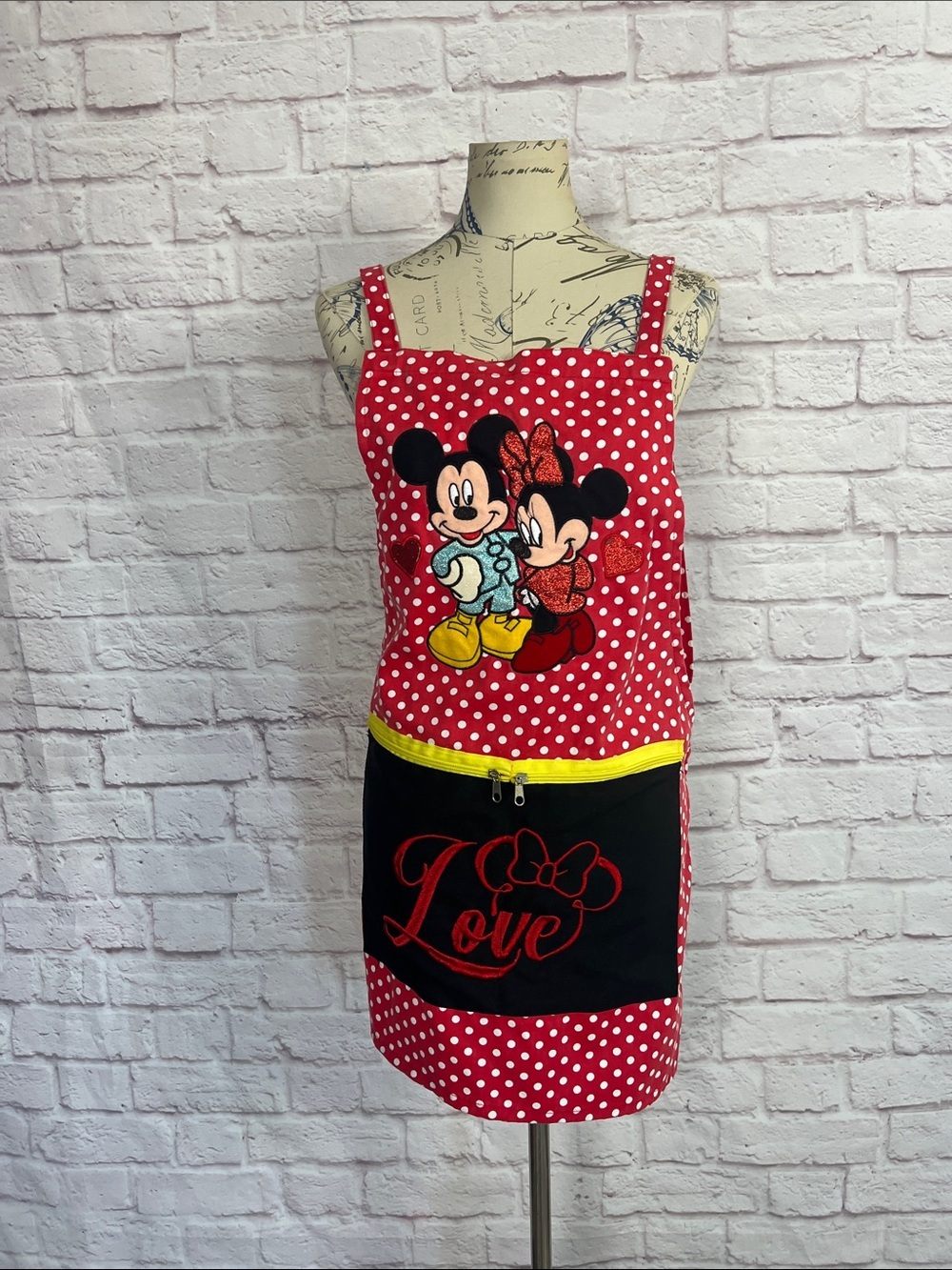 Handmade Red Polka Dot Mickey & Minnie Apron with Black 'Love' Pocket